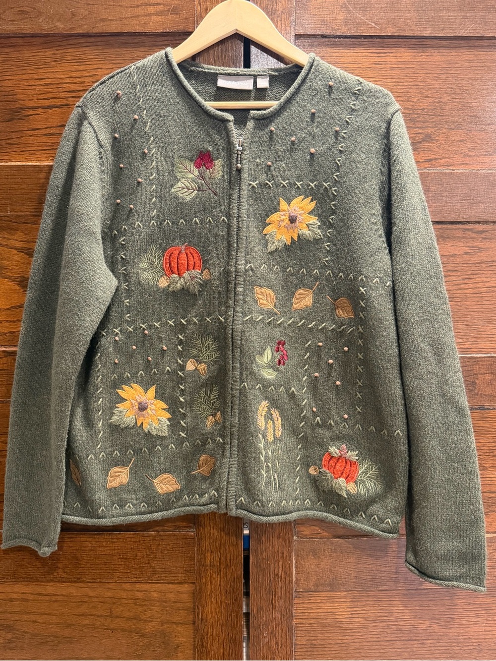 VTG croft & barrow large wool blend Knit Sweater full zip cardigan embroidered